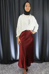 Kadın Saten Beli Lastikli Maxi Boy Bordo Etek